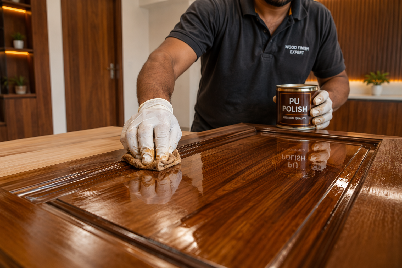 woodworker applying premium finish polish